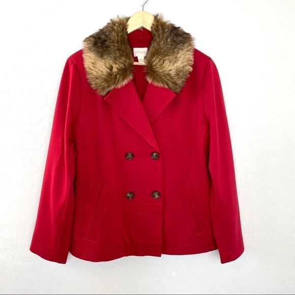Chico’s double breasted red faux fur jacket large - Picture 2 of 7